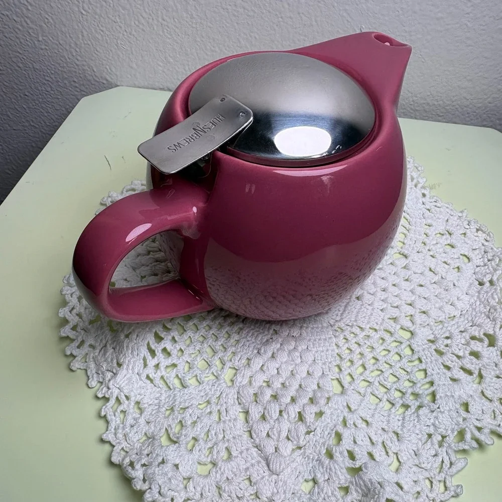 HuesNBrews Pink Personal Teapot Modern Minimalist Ceramic Stainless Steel